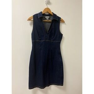 VTG Y2K Denim Deep V Neck Contrast Stitching Stretch Bodycon Dress Sz  M